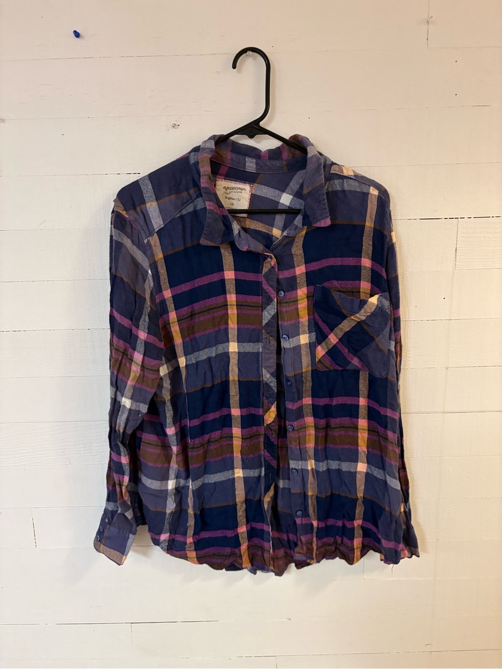 Arizona Jean Co Plaid Button Down Shirt Women's XXL Purple Navy Rayon